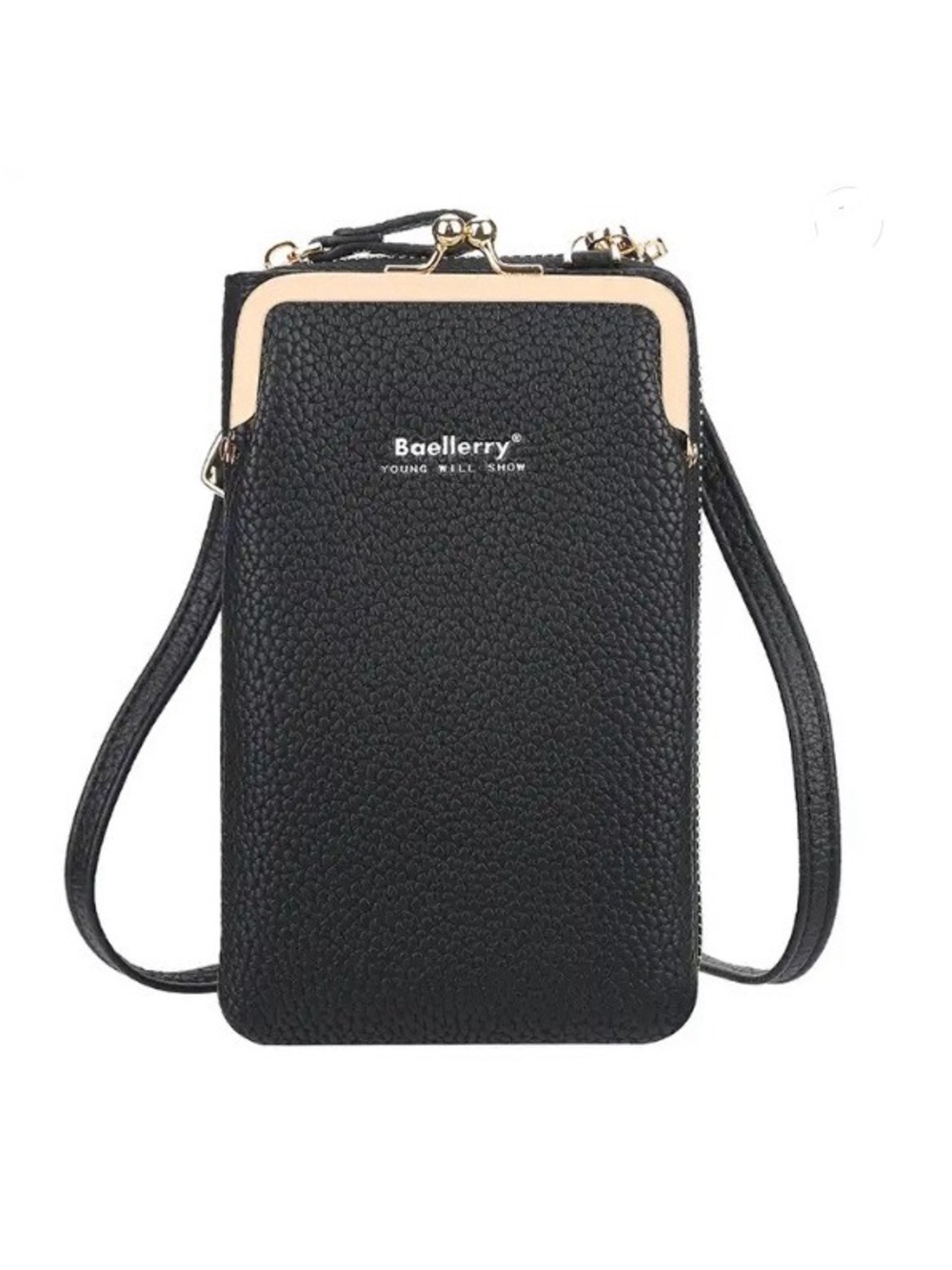 Genuine leather Black Crossbody Phone Bag with gold Trim